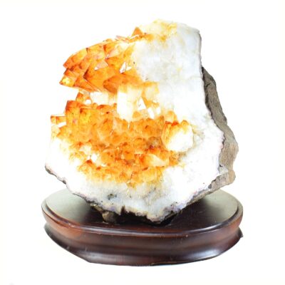 Raw Citrine Quartz piece, placed on a wooden base, with a height of 19cm.