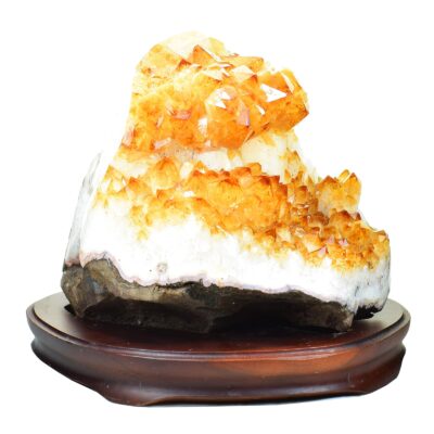 Raw Citrine Quartz piece, placed on a wooden base, with a height of 19cm.