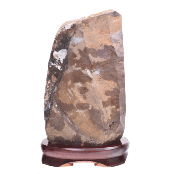 Raw piece of natural citrine quartz gemstone, placed on a wooden base. The stone has a height of 22cm. Buy online shop.