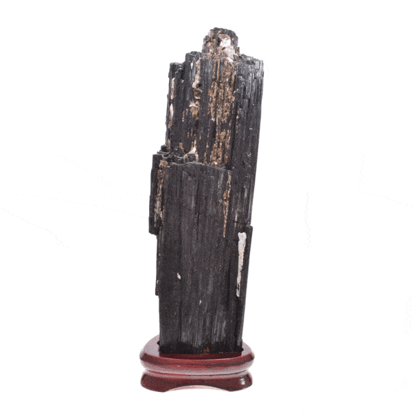 Raw piece of natural black tourmaline gemstone, with a size of 32cm. The tourmaline is placed on a wooden base. Buy online shop.ναι τοποθετημένη σε ξύλινη βάση. Αγοράστε online shop.