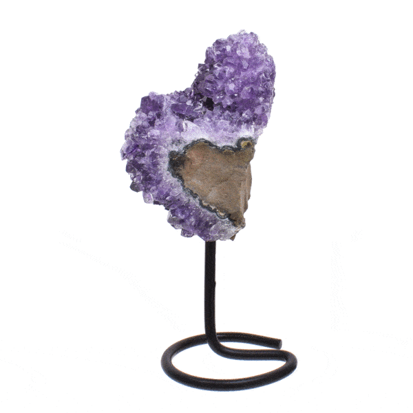Raw piece of natural amethyst gemstone, embedded into a black metallic base. The product has a height of 16cm. Buy online shop.