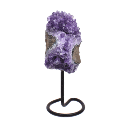 Raw piece of natural amethyst gemstone, embedded into a black metallic base. The product has a height of 16cm. Buy online shop.