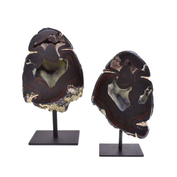 Natural agate geode gemstones, embedded into a metallic base. The big geode has a height of 24cm and the small geode 19cm. Buy online shop.