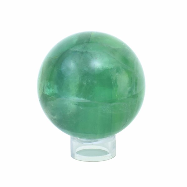 Polished 6cm diameter sphere made from natural fluorite gemstone. The sphere comes with a transparent plexiglass base. Buy online shop.