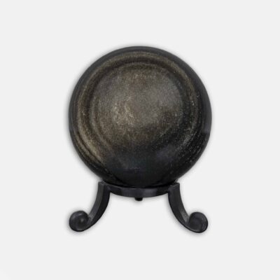 Polished 5.5cm diameter sphere made from natural Obsidian gemstone with golden sheen. The sphere comes with a grey plexiglass base. Buy online shop.