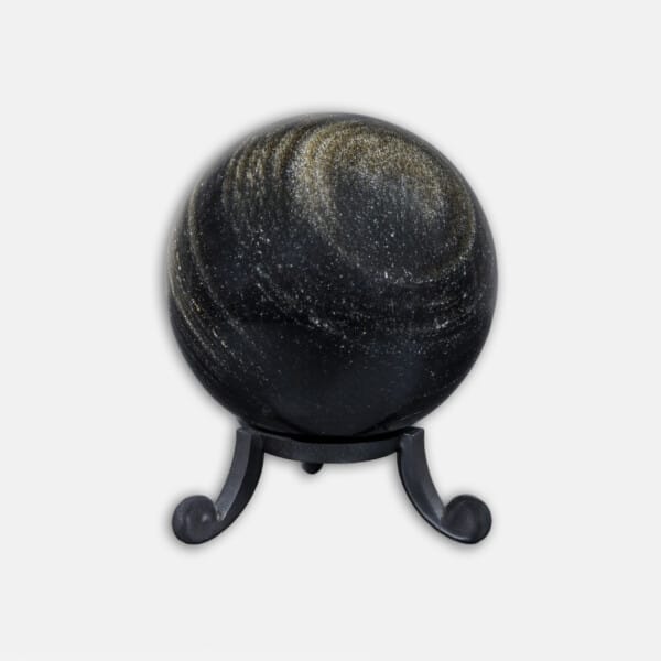 Polished 5.5cm diameter sphere made from natural Obsidian gemstone with golden sheen. The sphere comes with a grey plexiglass base. Buy online shop.
