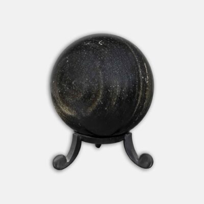 Polished 5.5cm diameter sphere made from natural Obsidian gemstone with golden sheen. The sphere comes with a grey plexiglass base. Buy online shop.