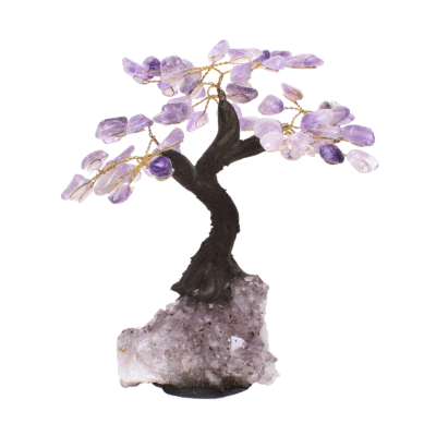 Tree with polished leaves made of natural amethyst gemstone and raw amethyst base. The tree has a height of 17cm. Buy online shop.