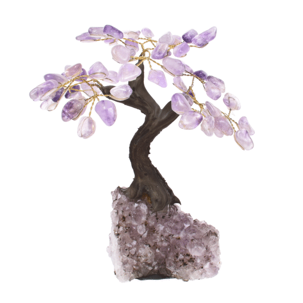 Tree with polished leaves made of natural amethyst gemstone and raw amethyst base. The tree has a height of 17cm. Buy online shop.