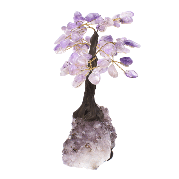 Tree with polished leaves made of natural amethyst gemstone and raw amethyst base. The tree has a height of 17cm. Buy online shop.