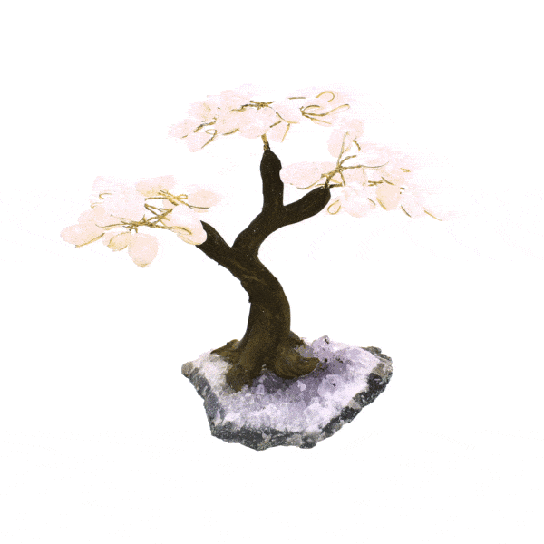 Tree with polished leaves made of Rose Quartz and base made of raw Amethyst, with a height of 17cm. Buy online shop.