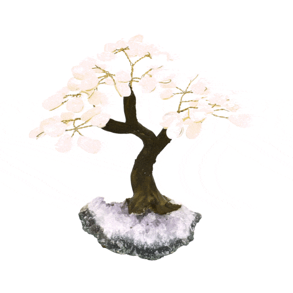 Tree with polished leaves made of Rose Quartz and base made of raw Amethyst, with a height of 17cm. Buy online shop.