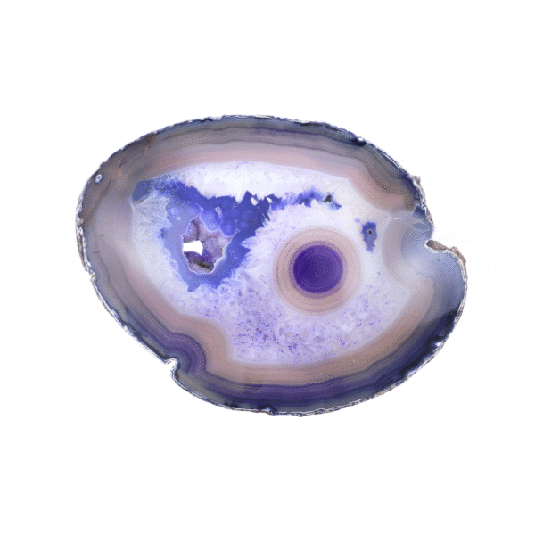 Slice of natural, purple color agate gemstone with crystal quartz, polished on the one side. The slice of agate has a size of 25cm and it comes with a black, metallic base.