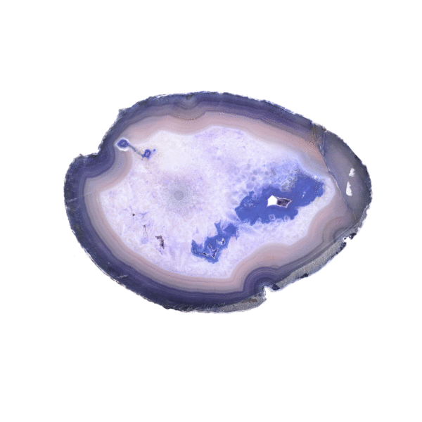 Slice of natural, purple color agate gemstone with crystal quartz, polished on the one side. The slice of agate has a size of 25cm and it comes with a black, metallic base.