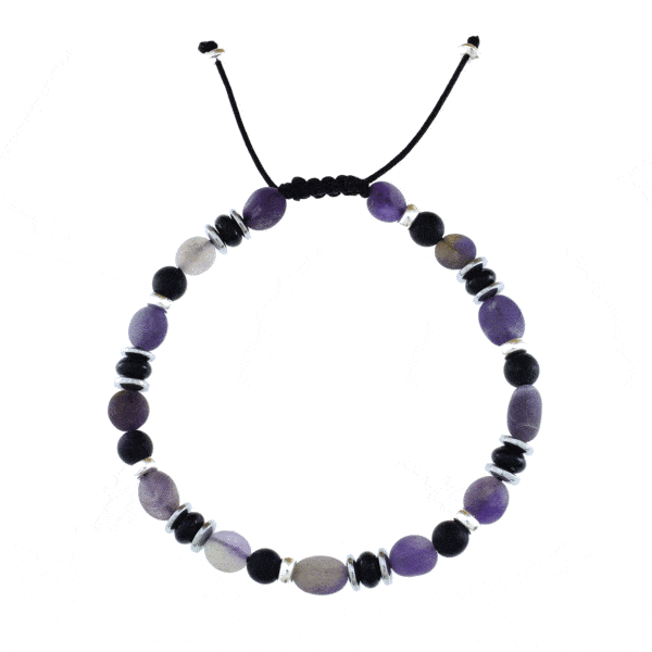 Handmade macrame bracelet with Amethyst, Hematite and Onyx gemstones, threaded on a black string. The bracelet is decorated with elements made of sterling silver. Buy online shop.