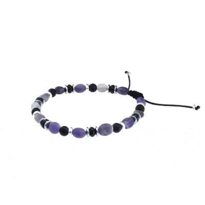 Handmade macrame bracelet with Amethyst, Hematite and Onyx gemstones, threaded on a black string. The bracelet is decorated with elements made of sterling silver. Buy online shop.