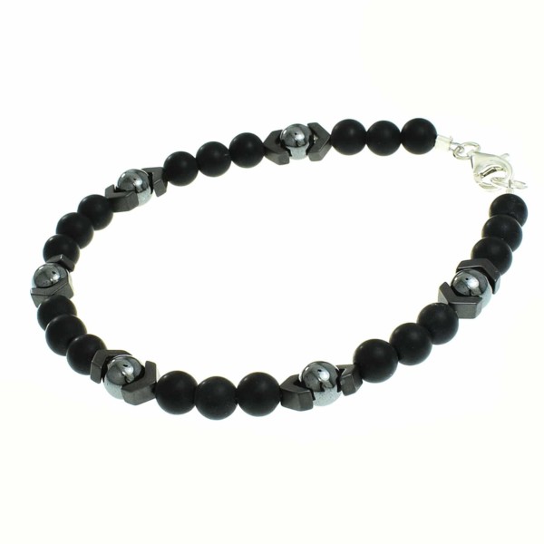 Handmade bracelet with natural Onyx and hematite gemstones, decorated with  elements made of sterling silver. Buy online shop.