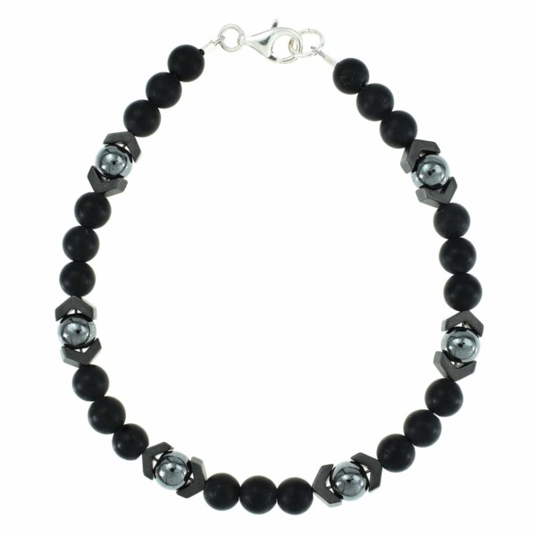 Handmade bracelet with natural Onyx and hematite gemstones, decorated with  elements made of sterling silver. Buy online shop.