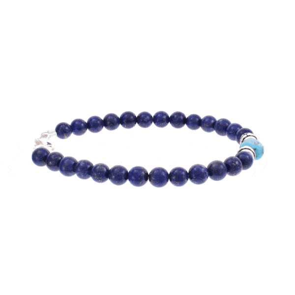 Handmade bracelet with natural lapis lazuli and turquoise gemstones, and decorative elements made of sterling silver. Buy online shop.