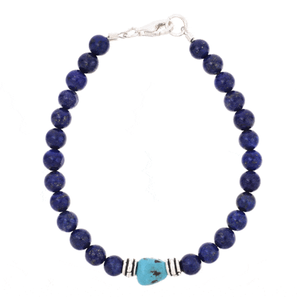 Handmade bracelet with natural lapis lazuli and turquoise gemstones, and decorative elements made of sterling silver. Buy online shop.