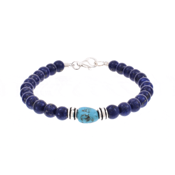 Handmade bracelet with natural lapis lazuli and turquoise gemstones, and decorative elements made of sterling silver. Buy online shop.