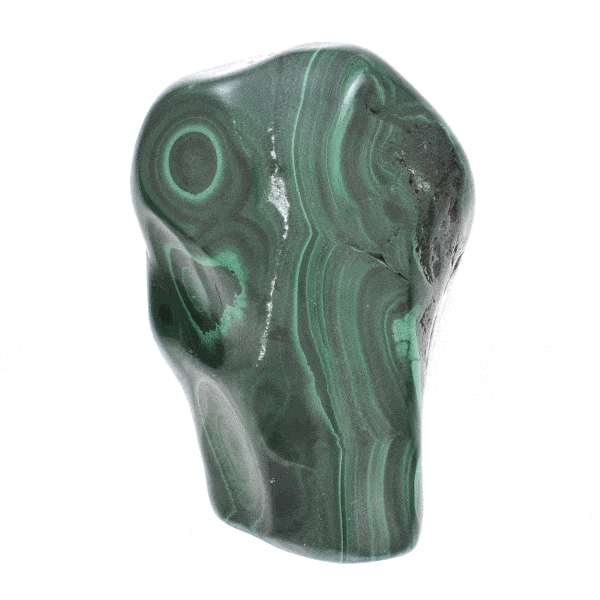 Polished piece of natural malachite gemstone, with a size of 10cm. Buy online shop.