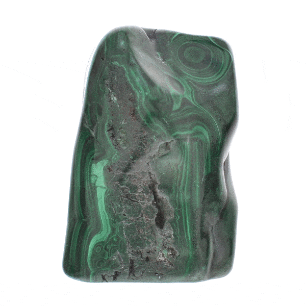 Polished piece of natural malachite gemstone, with a size of 10cm. Buy online shop.