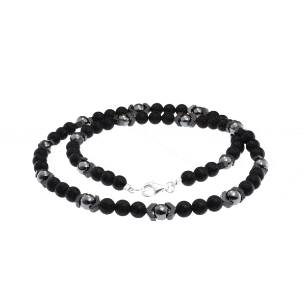 Handmade necklace with natural Onyx and Hematite gemstones and clasp made of sterling silver. Buy online shop.