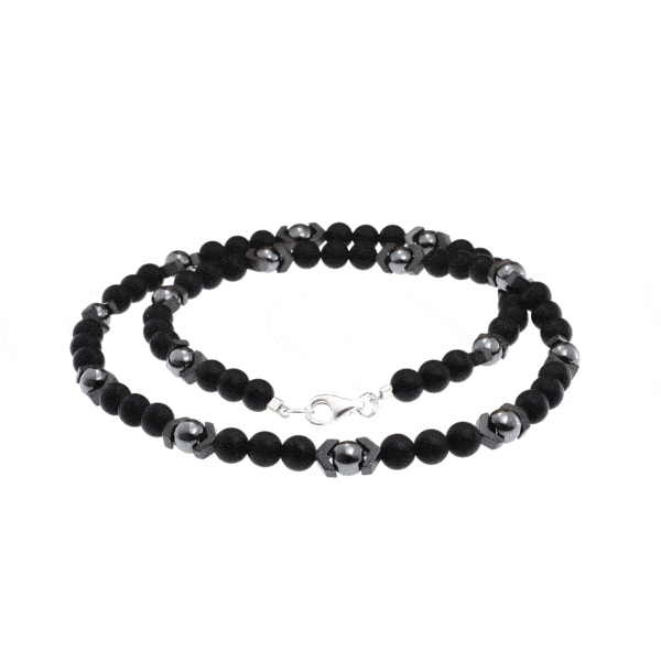 Handmade necklace with natural Onyx and Hematite gemstones and clasp made of sterling silver. Buy online shop.