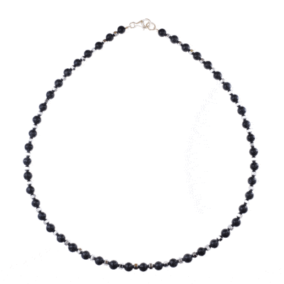 Handmade necklace with natural Dumortierite and Hematite gemstones and clasp made of stering silver. Buy online shop.