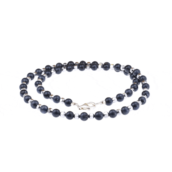 Handmade necklace with natural Dumortierite and Hematite gemstones and clasp made of stering silver. Buy online shop.