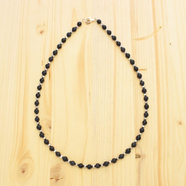 Handmade necklace with natural Dumortierite and Hematite gemstones and clasp made of stering silver. Buy online shop.