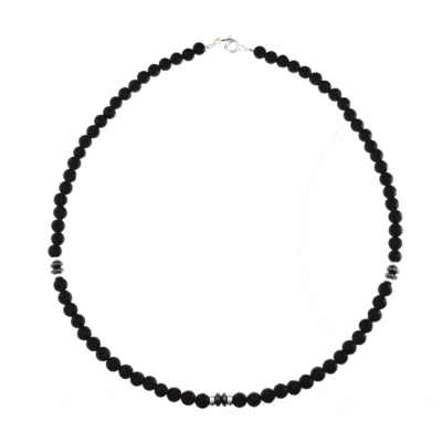 Handmade necklace with natural Lava and Hematite gemstones and decorative elements made of sterling silver. Buy online shop