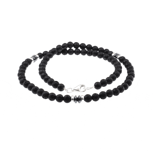 Handmade necklace with natural Lava and Hematite gemstones and decorative elements made of sterling silver. Buy online shop