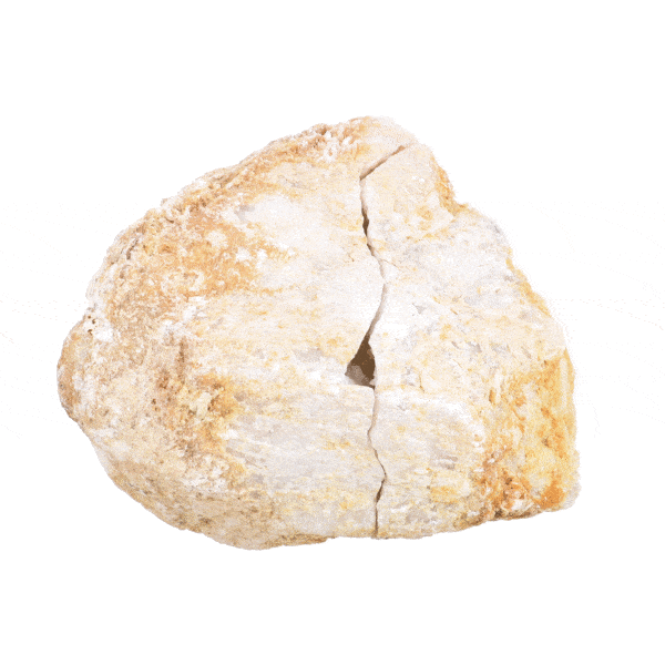 Γεώδες φυσικής πέτρας κρυσταλλικού καλσίτη κομμένο στη μέση, με μέγεθος 10cm. Αγοράστε online shop.