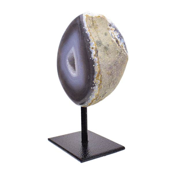Natural agate geode gemstone with crystal quartz, embedded into a black metallic base. The product has a height of 13.5cm. Buy online shop.