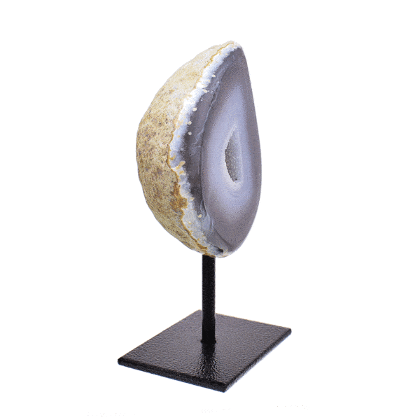 Natural agate geode gemstone with crystal quartz, embedded into a black metallic base. The product has a height of 13.5cm. Buy online shop.