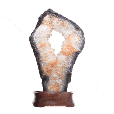 Slice of natural agate gemstone with crystal quartz, polished on one side. The agate is embedded into a wooden base and the product has a height of 29cm. Buy online shop.