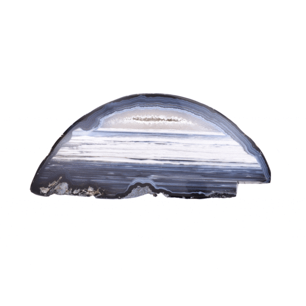 Polished 30cm slice of natural agate gemstone with crystal quartz. The agate comes with a black, metallic base. Buy online shop.