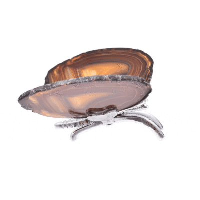 A 10.5cm butterfly with polished wings of natural brown shades slices of agate gemstone and metallic body. Buy online shop.