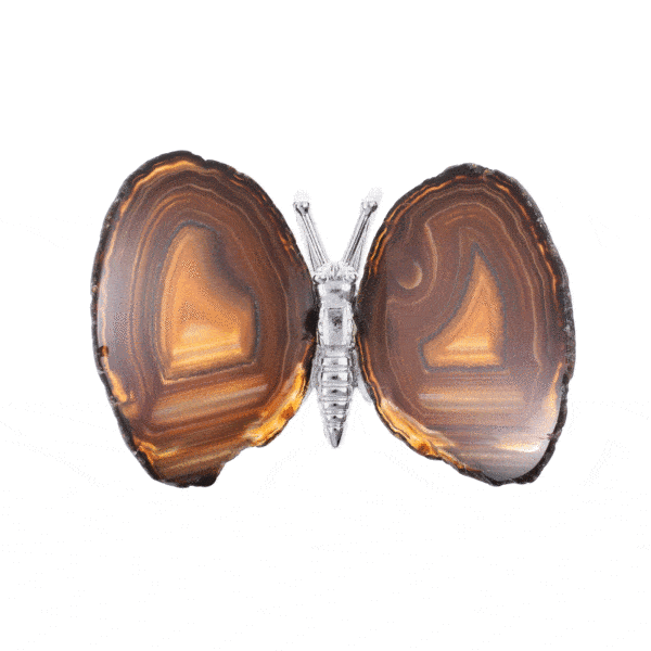 Πεταλούδα μεγέθους 10,5cm με φτερά από γυαλισμένες φέτες φυσικής πέτρας Αχάτη, σε καφέ αποχρώσεις και μεταλλικό σώμα. Αγοράστε online shop.