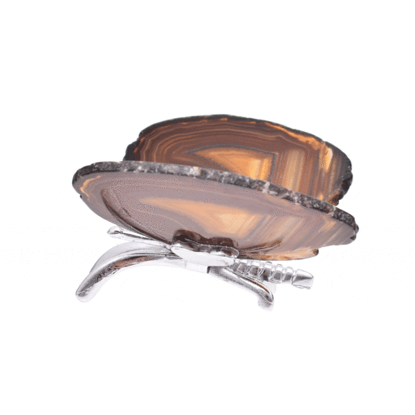 A 10.5cm butterfly with polished wings of natural brown shades slices of agate gemstone and metallic body. Buy online shop.