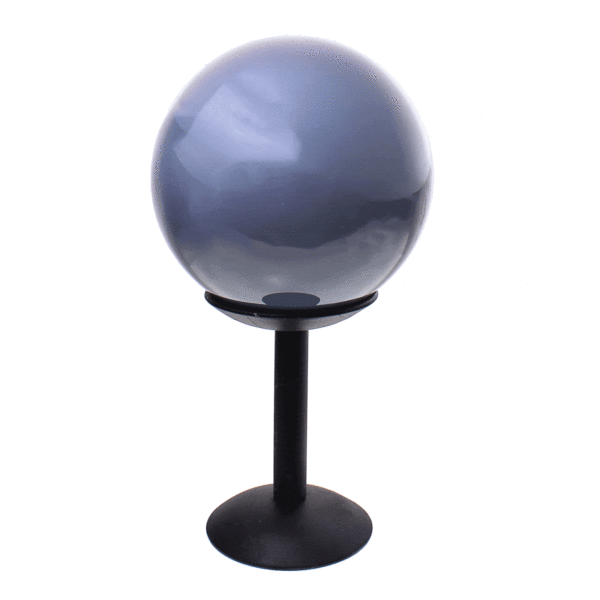 Polished 8.5cm diameter agate sphere gemstone with crystal quartz. The shpere comes with a black, metallic base. Buy online shop.