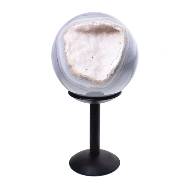 Polished 8.5cm diameter agate sphere gemstone with crystal quartz. The shpere comes with a black, metallic base. Buy online shop.