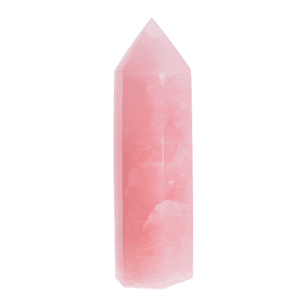 Polished point made from natural rose quartz gemstone with a height of 13cm. Buy online shop.