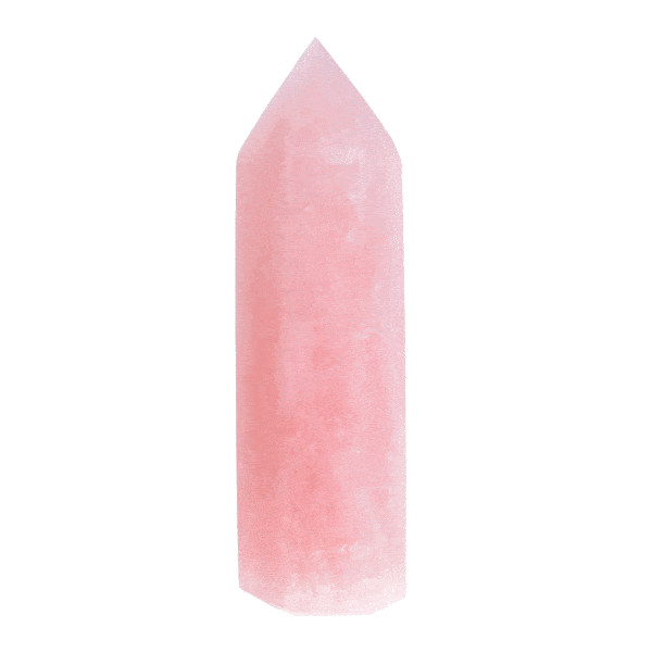 Polished point made from natural rose quartz gemstone with a height of 13cm. Buy online shop.