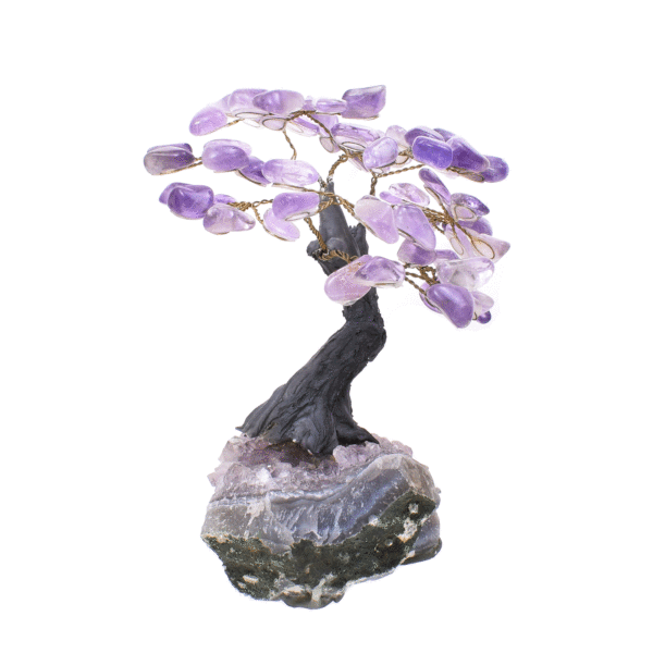 Tree with polished leaves made of natural amethyst gemstone and rough amethyst base. The tree has a height of 14cm. Buy online shop.