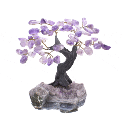 Tree with polished leaves made of natural amethyst gemstone and rough amethyst base. The tree has a height of 14cm. Buy online shop.