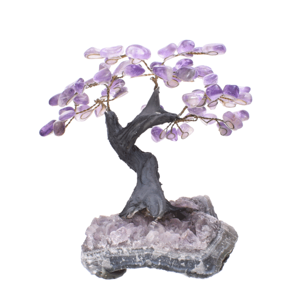 Tree with polished leaves made of natural amethyst gemstone and rough amethyst base. The tree has a height of 14cm. Buy online shop.