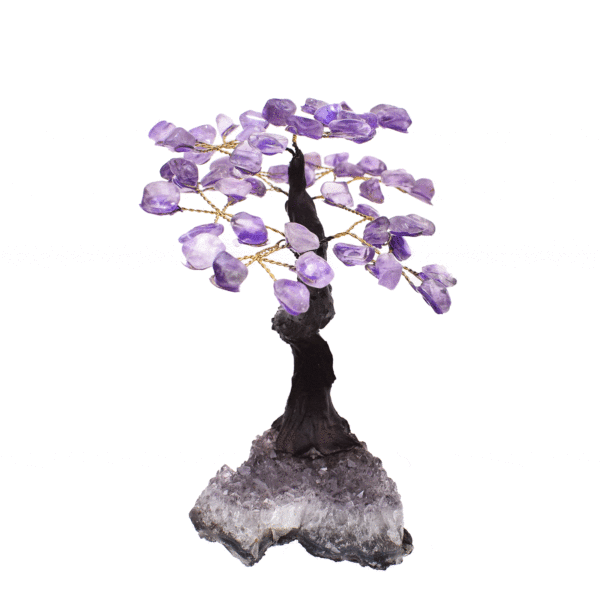 Handmade tree with leaves of natural baroque amethyst gemstones and natural amethyst gemstone base. The tree has a height of 17cm. 